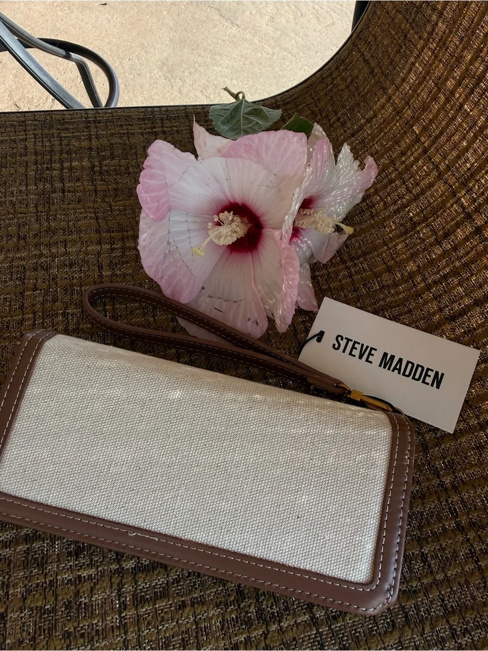 Steve Madden Beige and Taupe Canvas Wristlet with Unique Gold Accent Hardwares